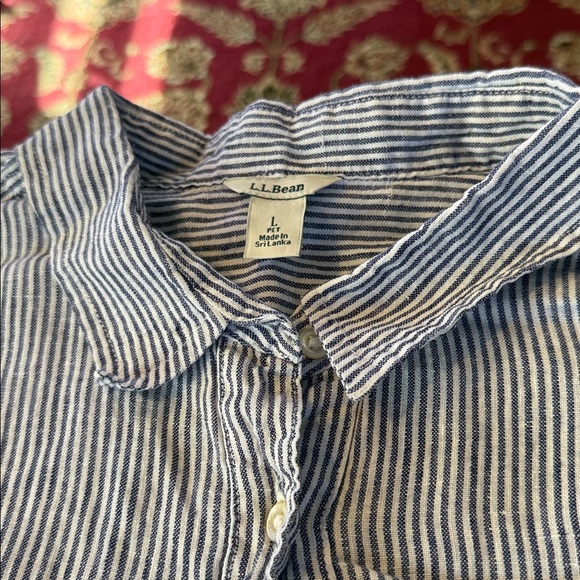 LL Bean Women’s pinstriped 100% Linen Button Up Shirt Top Large petite (NH) - Picture 3 of 5